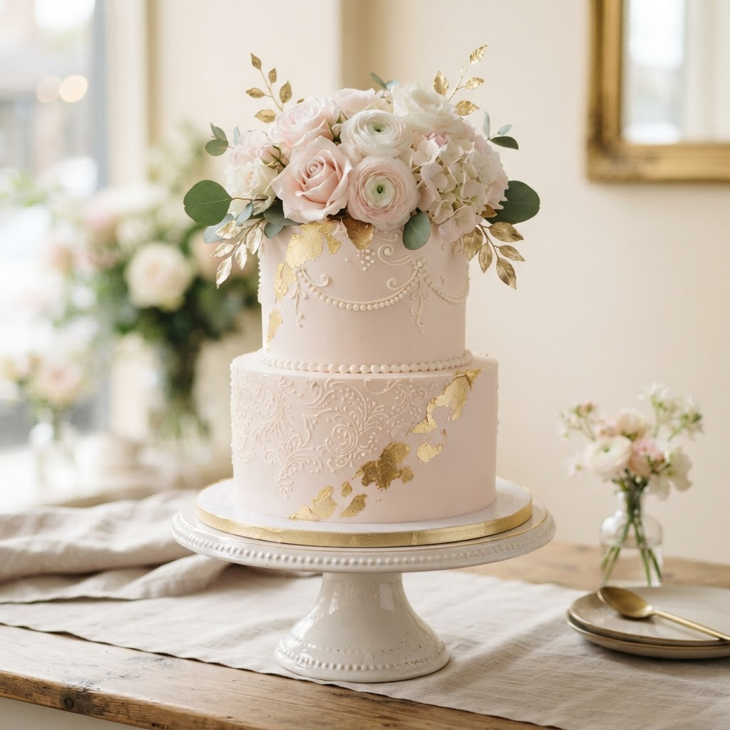 An elegant pale pink celebration cake with gold leaf detailing on a cake stand